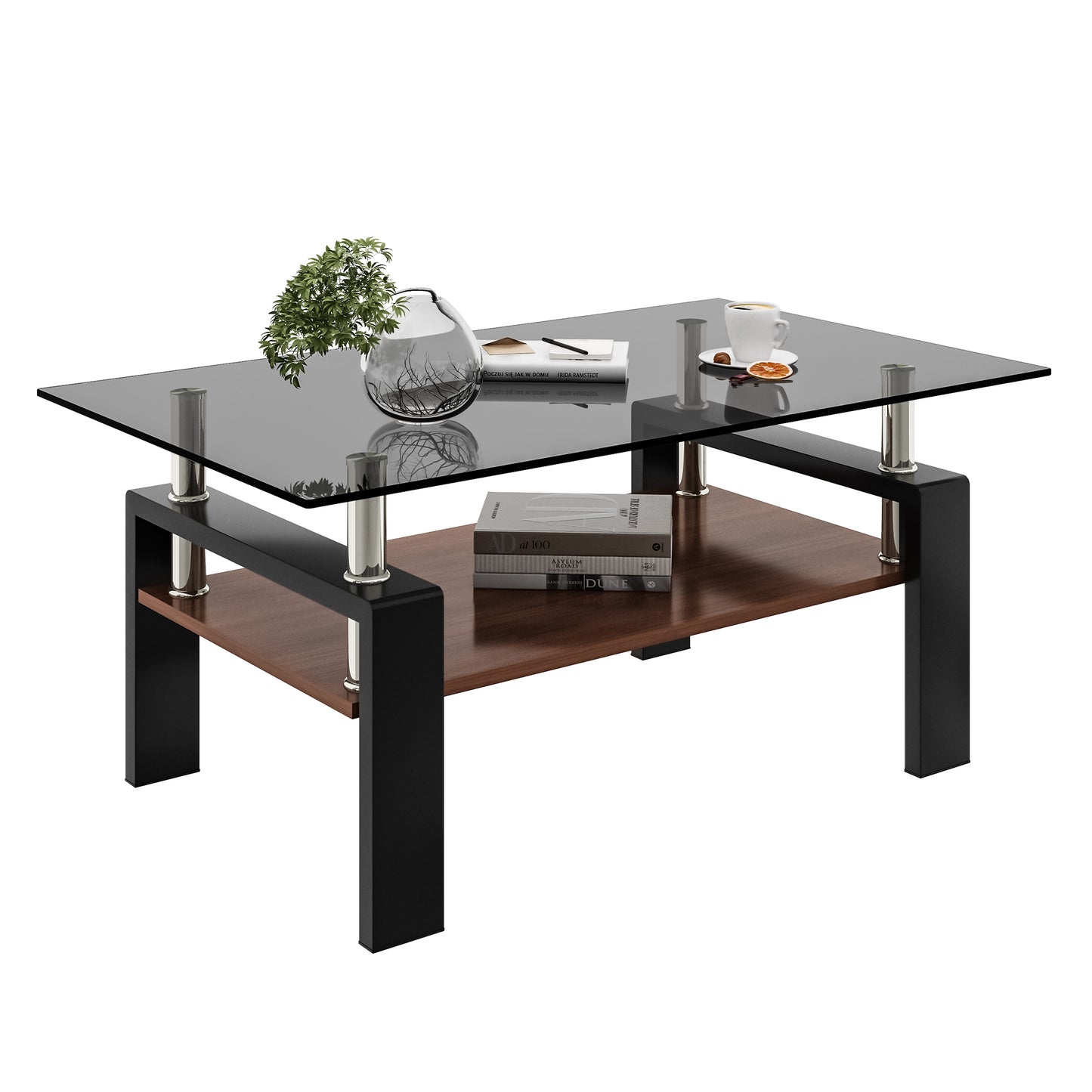 Modern Rectangular Coffee Table with Tempered Gray Glass Top and MDF Layer – Table for Living Room
