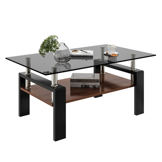 Modern Rectangular Coffee Table with Tempered Gray Glass Top and MDF Layer – Table for Living Room