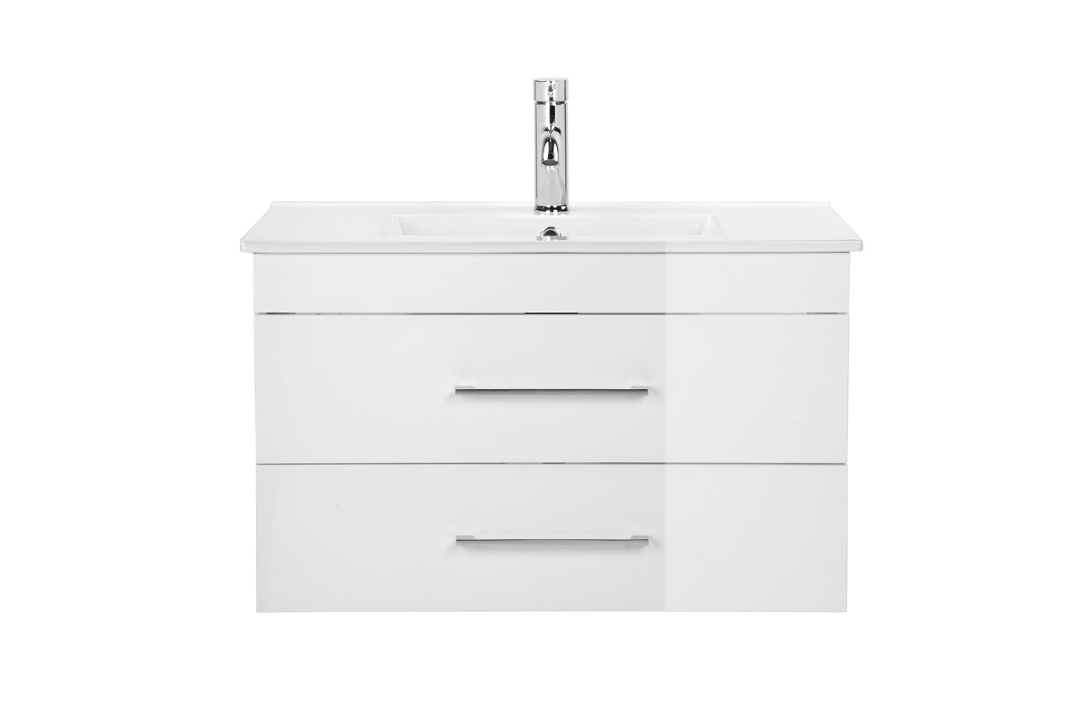 32-Inch White Gloss Wall-Mounted Bathroom Vanity with Double Drawers, Soft-Close System,Ceramic Sink, Create a Modern and Minimalist Bathroom Space!
