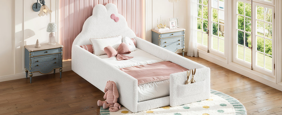 Twin Size Upholstered Floor bed, LowtoGround floor bed, Soft Padded Upholstered Kids bed, Safe Children Bed Frame with Side Storage Pocket for Kids.White
