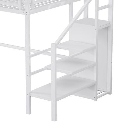 Twin XL Size Loft Bed with Stairs, Metal Full Loft Bed with Storage Shelves, High Loft Bed with Wardrobe for Kids Teens,White(Old Sku W2580S00050)