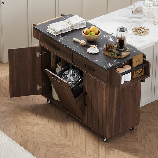 K&K Kitchen Island with Trash Can Storage Cabinet, Kitchen Cart with Drop Leaf, Spice Rack, Towel Rack and Drawer