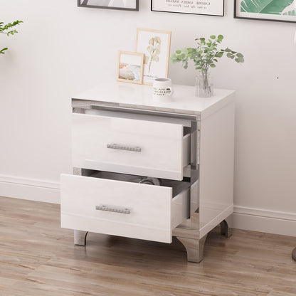 Elegant High Gloss Nightstand with Metal Handle, Mirrored Bedside Table with 2 Drawers, White