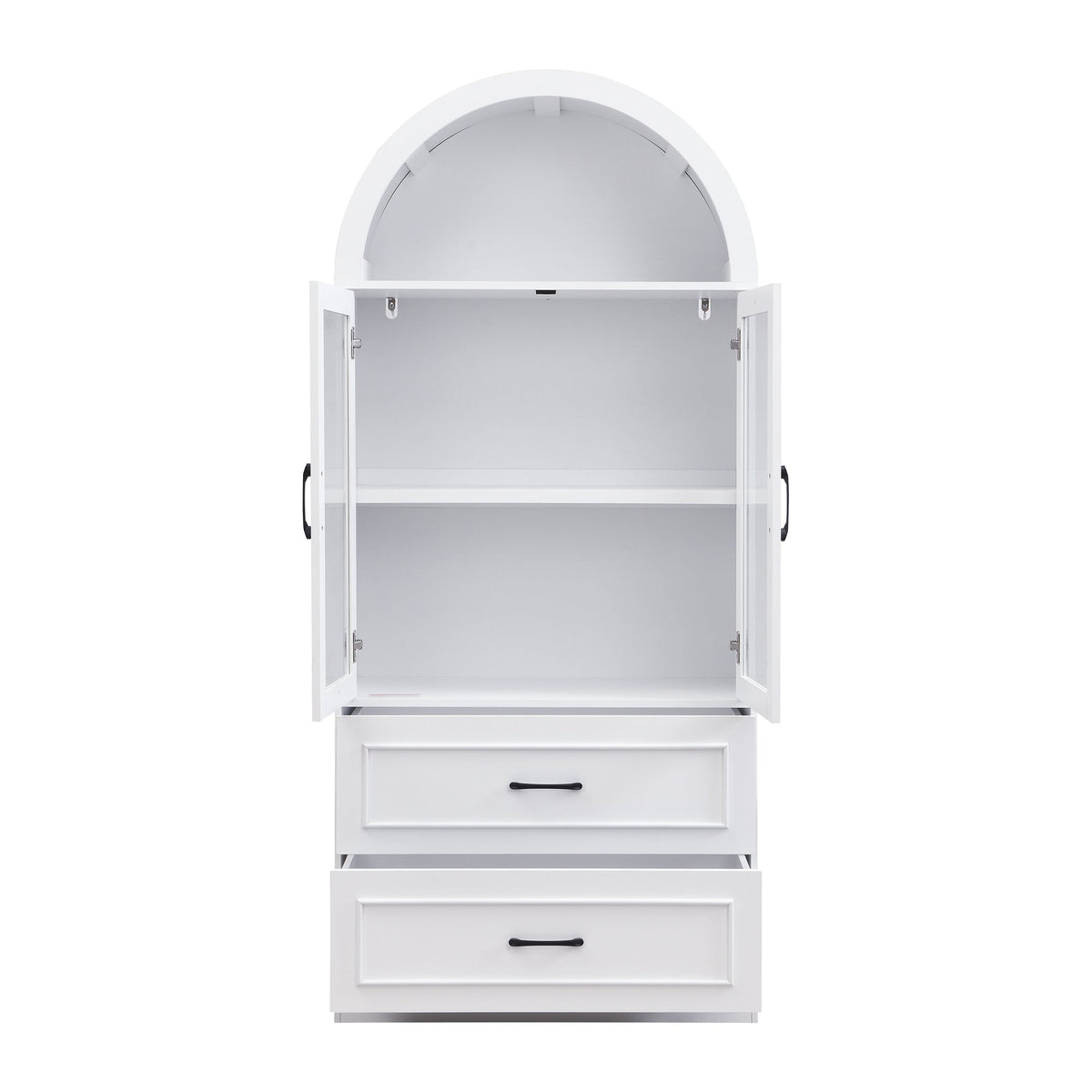 [Video] Modern Minimalist Arched Top Storage Cabinet with Tempered Glass Doors, Fixed 2-Tier Shelves, 2 Large Drawers, Soft Close Hinges & Exquisite Metal Handles, White