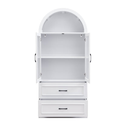 [Video] Modern Minimalist Arched Top Storage Cabinet with Tempered Glass Doors, Fixed 2-Tier Shelves, 2 Large Drawers, Soft Close Hinges & Exquisite Metal Handles, White