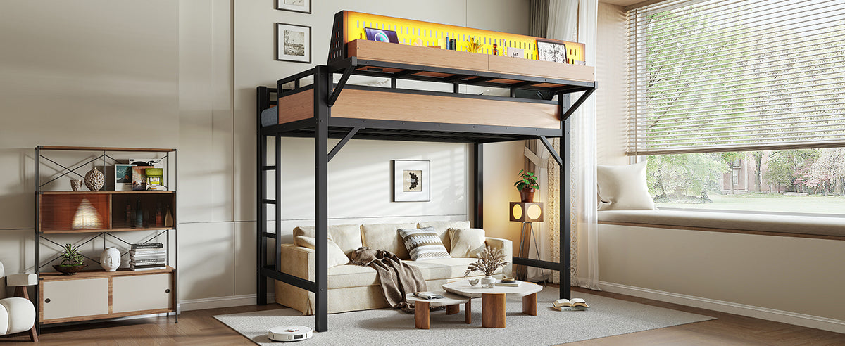 Twin XL size Loft Bed Frame with Storage Shelves and Pegboard, Metal Loft Bed with USB Ports and LED Lights, Safe and Sturdy, Natural