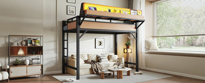 Twin XL size Loft Bed Frame with Storage Shelves and Pegboard, Metal Loft Bed with USB Ports and LED Lights, Safe and Sturdy, Natural