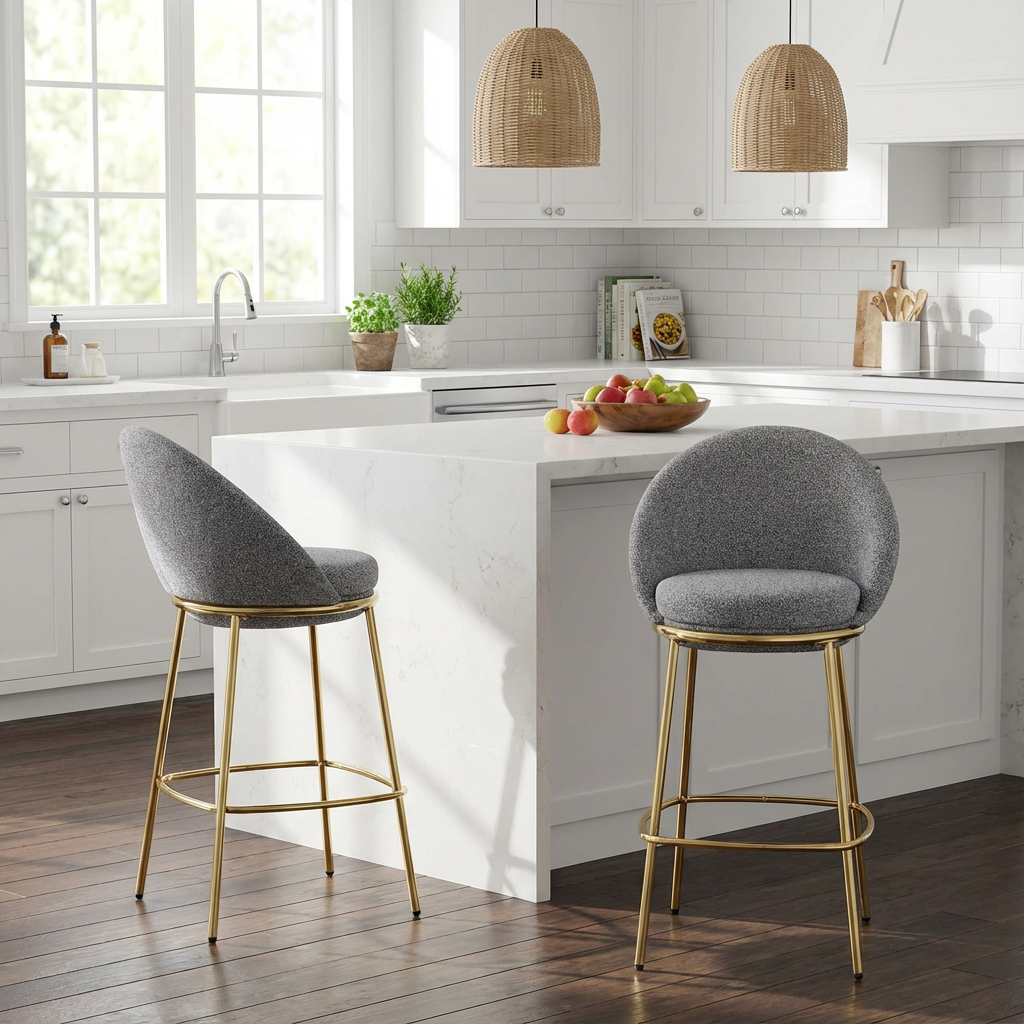 Celano Indoor Metal Upholstered Barstool, Gold-Plated Frame and Mixed Gray Upholstery, Set of 2