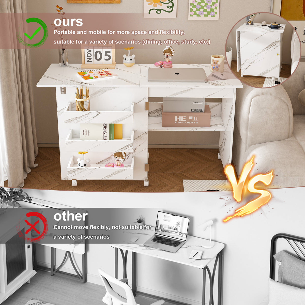 4-in-1 Folding Sewing Table with Lockable Wheels – Multi-Functional Craft Station, End Table, Computer Desk & Kitchen Storage with Shelves, White Rolling Sewing Machine Table for Apartments