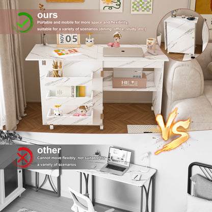 4-in-1 Folding Sewing Table with Lockable Wheels – Multi-Functional Craft Station, End Table, Computer Desk & Kitchen Storage with Shelves, White Rolling Sewing Machine Table for Apartments