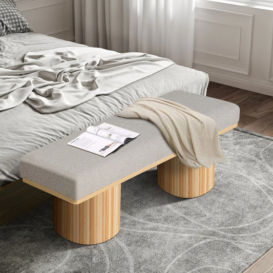 Upholstered Bench with Chunky Legs Light Grey Boucle Fabric Contemporary Style Bed-end Bench, Natural Wood