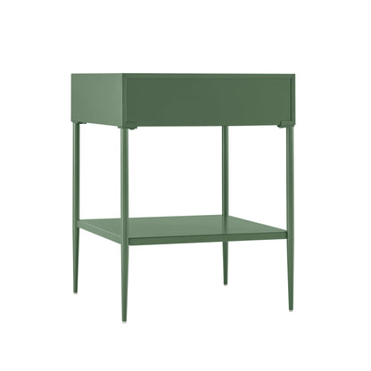 Colette Vintage Green Metal 1-Drawer Nightstand with Bottom Shelf & Tapered Legs