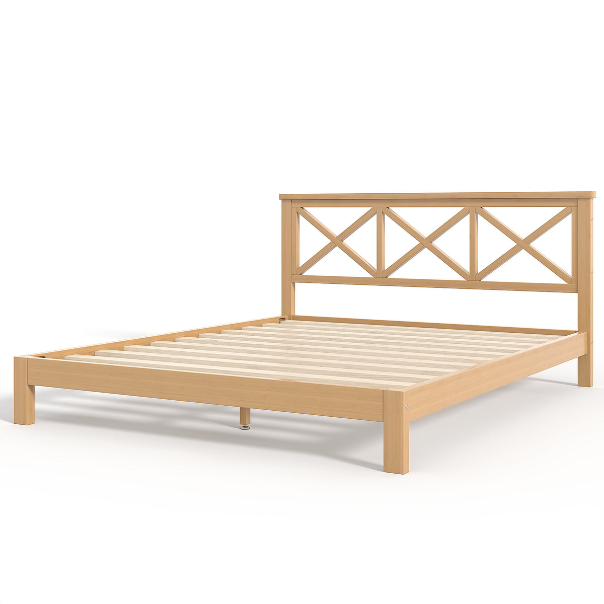 Queen Platform Bed with ''X'' Design Headboard, Bamboo-made Bed Frame Queen Size with Suppport Slats, Mid-century Style, Natural