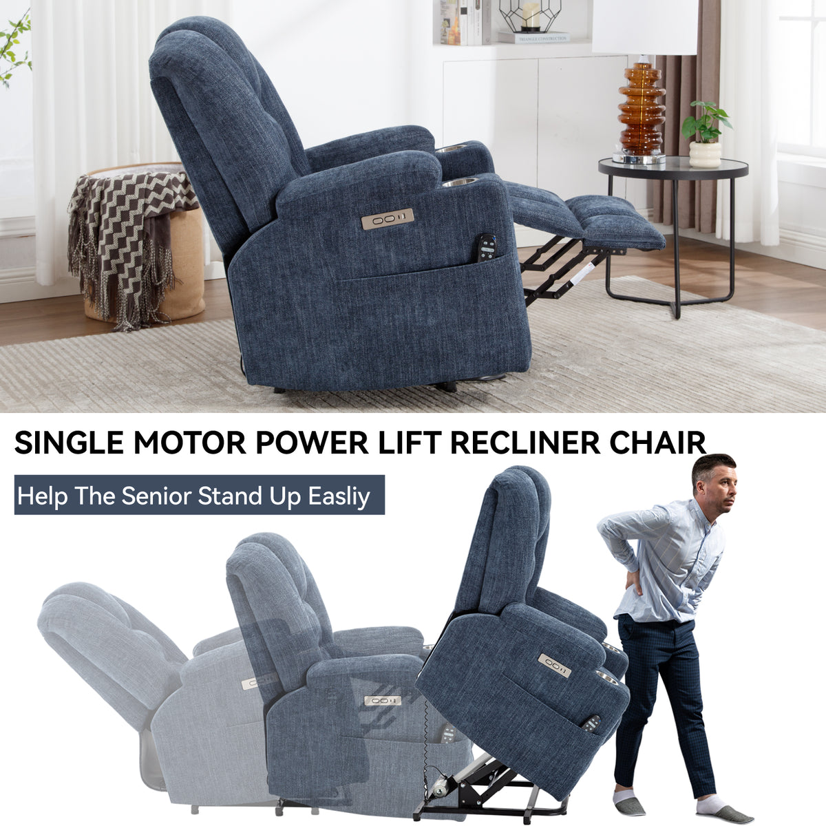 Power Lift Recliner Chair with Massage and Heat for Elderly, Overstuffed Wide Recliners, Heavy Duty Motion Mechanism with USB and Type C Ports, 2 Steel Cup Holders, Blue