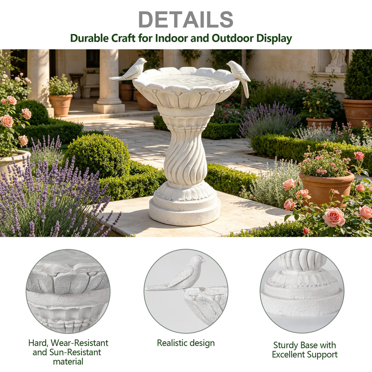 16.54' Garden Bird Bath Statue, Magnesium Oxide White Pedestal Birdbath, Outdoor Bird Water Bowl with Bird Sculpture, Yard Lawn Patio Ornament, Gift for Garden & Bird Lovers