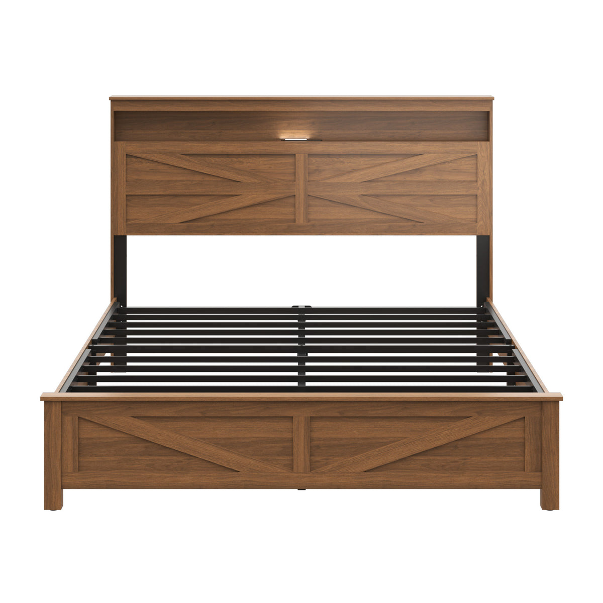 Queen size bed frame headboard with LED lights and charging station cushion platform bed frame, large bed, with headboard and hidden storage space, no box spring required, Antique,Brown