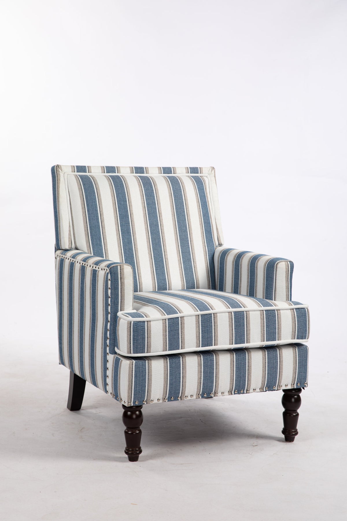 Upholstered Accent Chair, Vintage Armchair with Solid Wood Legs, Blue and White Striped Linen Fabric and Nailhead Trim for Living Room