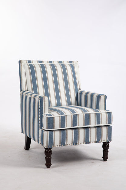 Upholstered Accent Chair, Vintage Armchair with Solid Wood Legs, Blue and White Striped Linen Fabric and Nailhead Trim for Living Room
