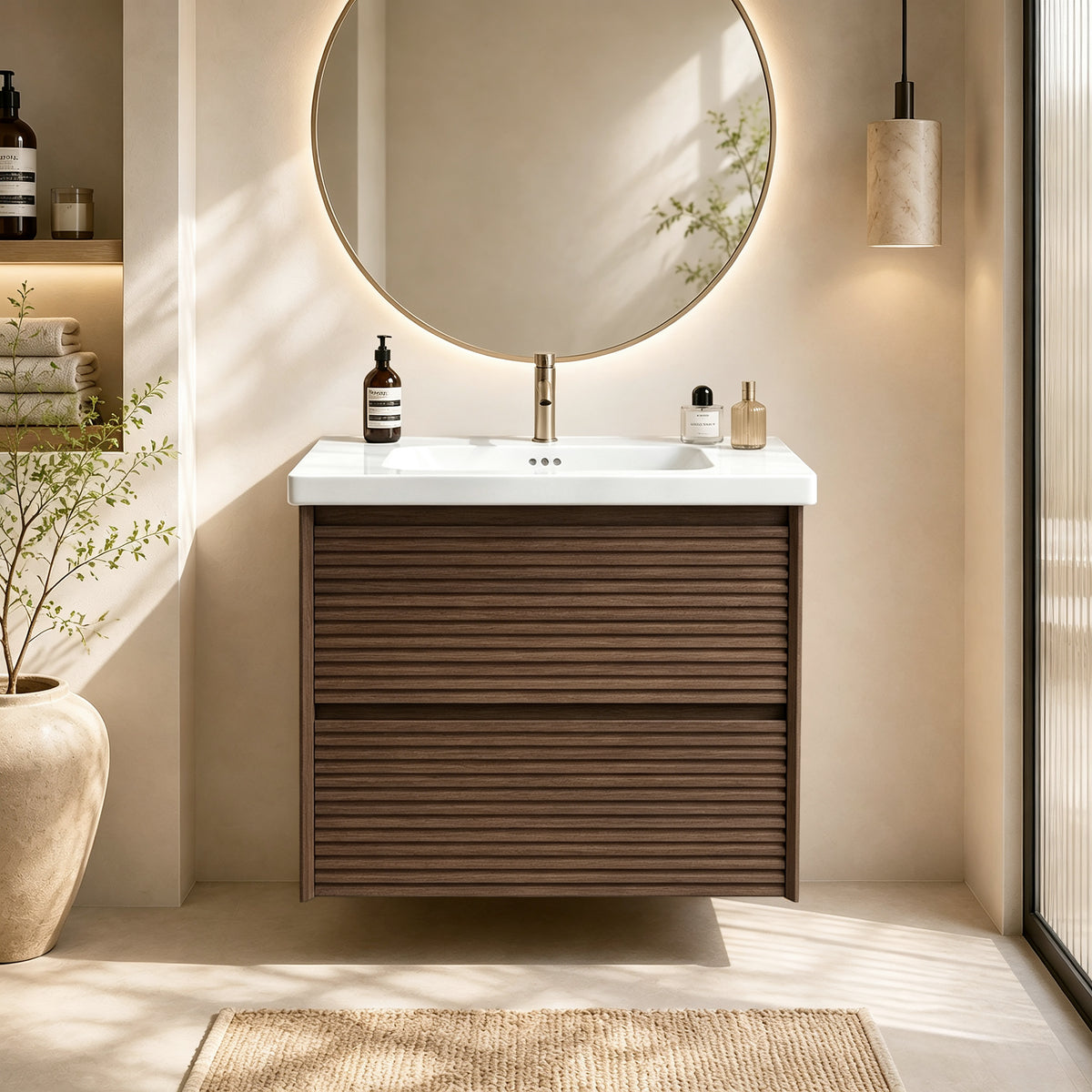 Wall Mount 24' Walnut Bathroom Vanity with Ceramic Sink with one faucet holes, Soft Close 2 Drawer Large Storage Floating Bathroom Vanity for Modern Bathroom Pre-installed and completed