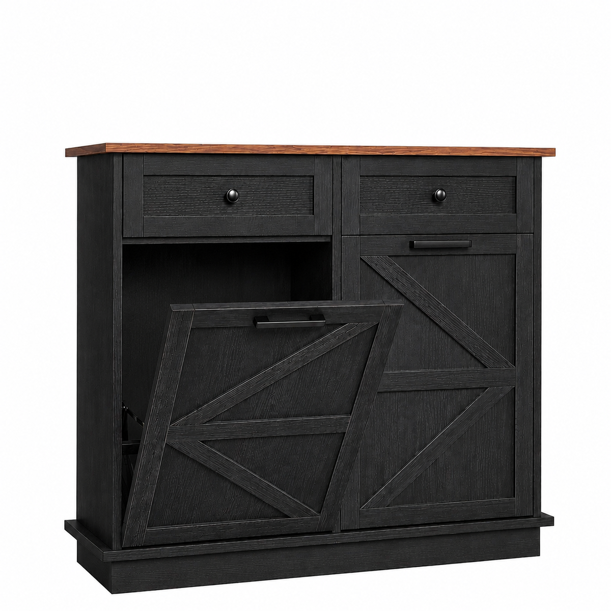 Tilt Out Trash Can Cabinet for Kitchen, Double 10-Gallon Hidden Trash Cabinet with Drawer, Farmhouse Wooden Garbage Cabinet, Dog Proof Trash Can Storage for Kitchen Laundry Living Room Office