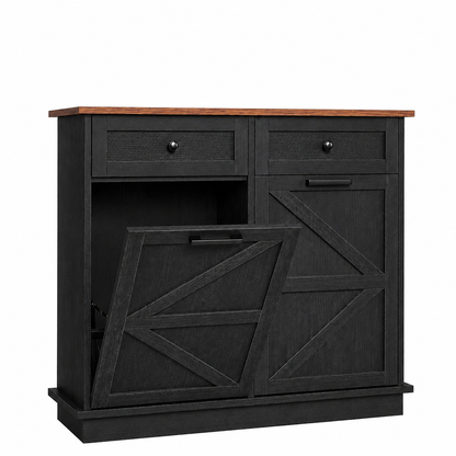Tilt Out Trash Can Cabinet for Kitchen, Double 10-Gallon Hidden Trash Cabinet with Drawer, Farmhouse Wooden Garbage Cabinet, Dog Proof Trash Can Storage for Kitchen Laundry Living Room Office