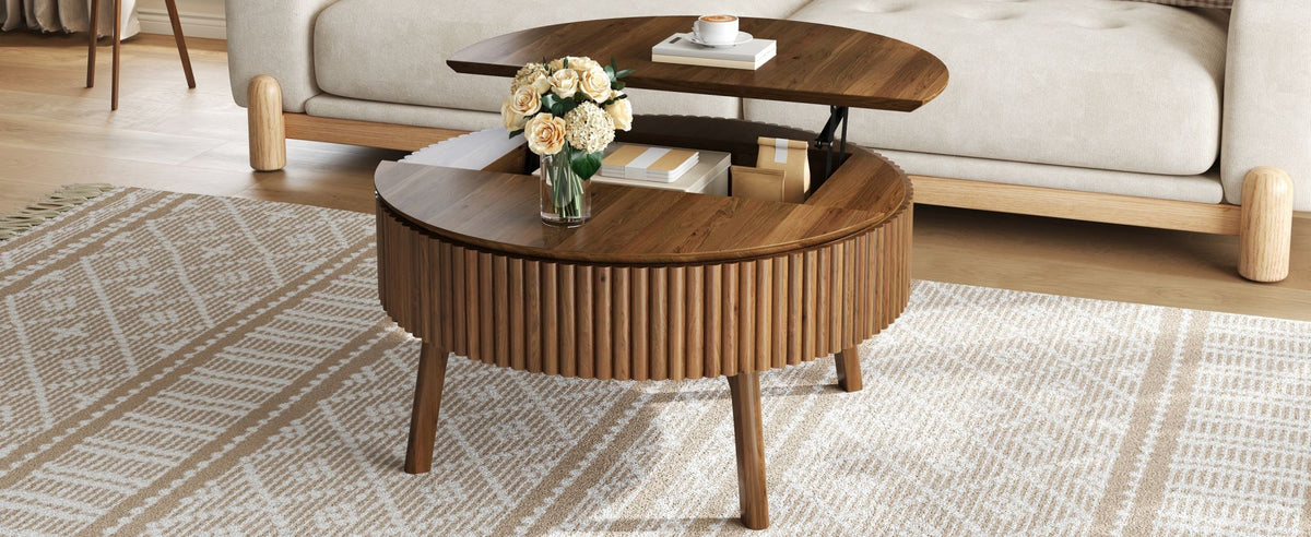 Modern Round Lift-Top Coffee Table with Half Flip-Top & Hidden Storage, Solid Wood Mid-Century Coffee Table with Fluted Design, 30.3' Walnut Space-Saving Center Table for Living Room