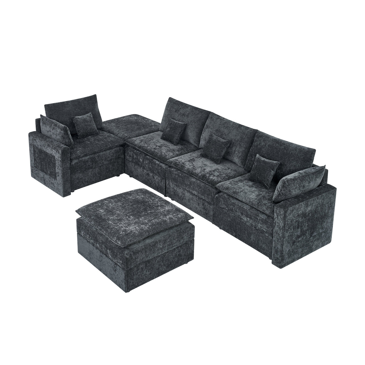 132' Cloud Modular Sectional Sofa, Deep Seat U Shaped Couch with Ottoman, Chenille Upholstered Sofa with Chaise, Plush Cushions, 6 Seat Modern Comfy Couch for Living Room & Apartment, Black