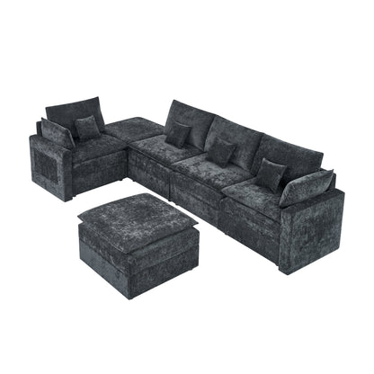 132' Cloud Modular Sectional Sofa, Deep Seat U Shaped Couch with Ottoman, Chenille Upholstered Sofa with Chaise, Plush Cushions, 6 Seat Modern Comfy Couch for Living Room & Apartment, Black