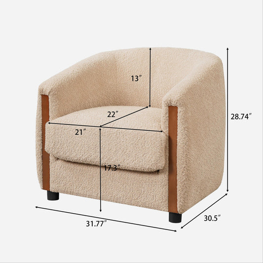 31.8" Modern Curved Barrel Accent Chair with Vertical Solid Wood Side Panels, Plush Textured Teddy Fleece Upholstered Armchair, Removable Seat Cushion Lounge Chair for Living Room Bedroom Entryway