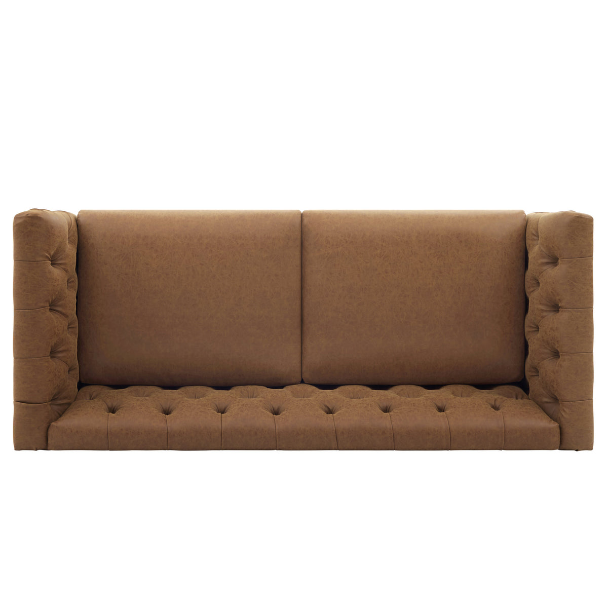 73.5'' Chesterfield Sofa PU Upholstered Couch with Flared Arms, Tufted Back & Natural Rubberwood Legs Multi Cushion Seat Sofa for Living Room and Home Lounge, Brown
