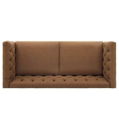 73.5'' Chesterfield Sofa PU Upholstered Couch with Flared Arms, Tufted Back & Natural Rubberwood Legs Multi Cushion Seat Sofa for Living Room and Home Lounge, Brown