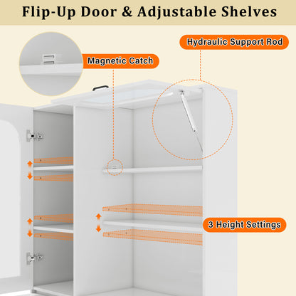 TREXM Tall Freestanding Kitchen Pantry Cabinet with Arched Glass Door, Flip-Up Cabinet Door, Pull-Out Shelves & Drawer, Adjustable Shelves, Storage Cupboard for Kitchen Dining Room (White)