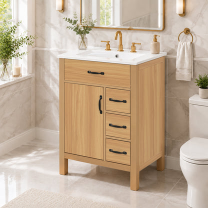 24 Inch Modern Traditional Bathroom Vanity with Ceramic Sink, MDF Cabinet & Solid Wood Legs, Black Zinc Alloy Handles, Wood Grain Melamine Finish