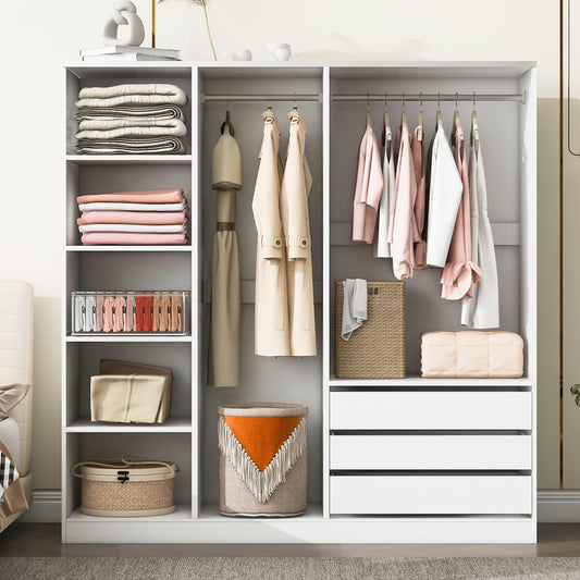 Doorless Wooden Storage Wardrobe for Dedroom with Shelves and 3 Drawers, White