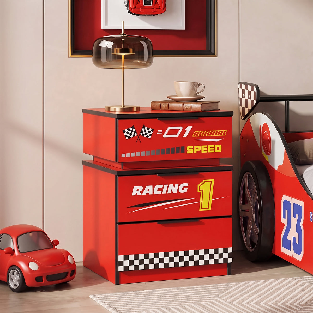 Kids Racing Car 3-Drawer Nightstand with Smart RGB LED Light, App/Remote/Music Sync Bedside Storage Cabinet, Fully KD