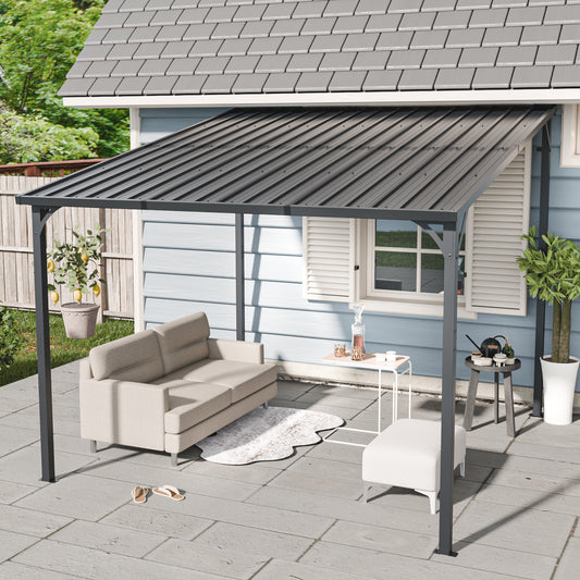 Outdoor Pergola, 10" x 10" Outdoor Hardtop Gazebo Pergola for Yard, Large 10x10 Galvanized Steel Lean to Wall-Mounted carport