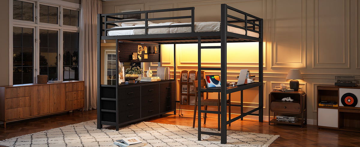 Queen Size Loft Bed with Desk, Loft Bed with Drawers, Loft Bed with Led Light and USB, Sturdy Loft bed Frame, Loft Bed with Mirror, Multi-Functional High Loft Bed for Teens Adults.Black