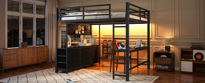 Queen Size Loft Bed with Desk, Loft Bed with Drawers, Loft Bed with Led Light and USB, Sturdy Loft bed Frame, Loft Bed with Mirror, Multi-Functional High Loft Bed for Teens Adults.Black