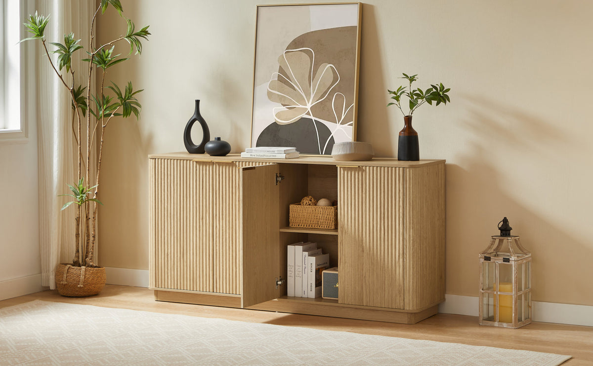 63" Vertical Stripe Buffet Cabinet Sideboard with stoarge, Curved wave Design, TV Stand, Oak, 63''W x 15.75''D x 31.5''H.