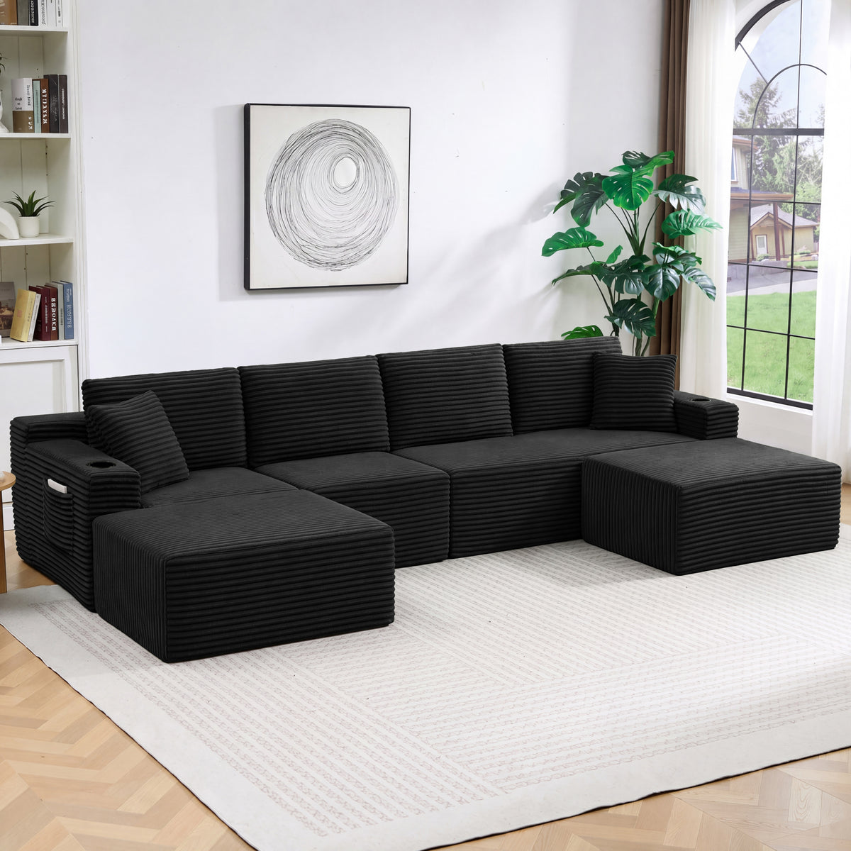U-Shaped Corduroy Sofa Set, with 2 Ottomans, Deep Seat Double-Layer, Removable Cushion, No Assembly, DIY Modular Couch for Living Room, Apartment, Office