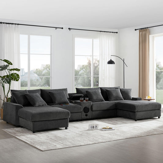 [VIDEO]141.5*64'' Corduroy Sectional Sofa with Bluetooth Speakers, U-Shaped Couch with Console, USB Charger, Cup Holders, Storage, Ottoman