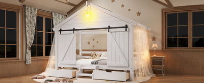 Twin Size Farmhouse Bed with Sliding Barn Door and Light Bulb, Wood house Bed Frame with Stair and Drawers, White