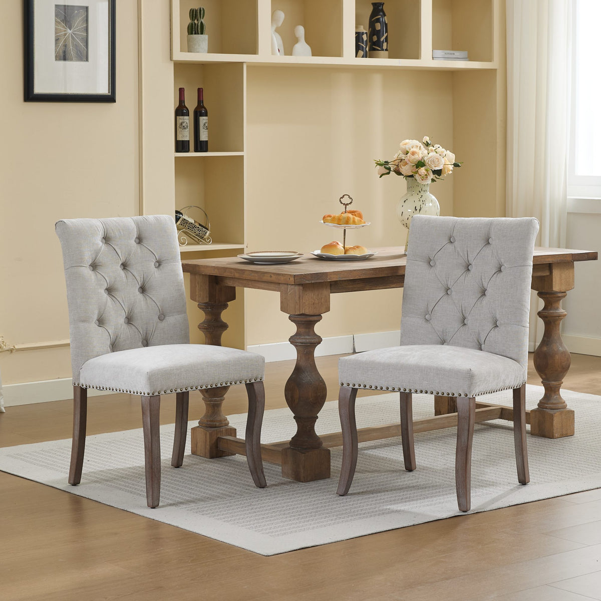 Upholstered Chenille Fabric Accent Dining Chair, Curved Solid Wood Legs, Elegant Tufted Club Dining Room Kitchen Room Dining Chair – Beige