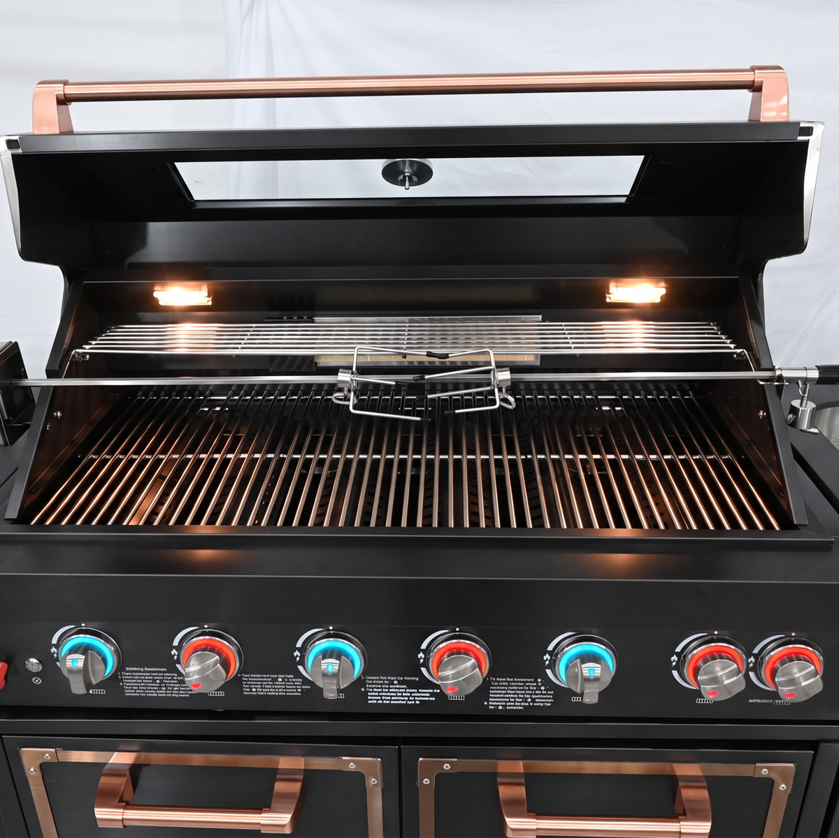Luxury Black Titanium Outdoor Kitchen Island, 6-Burner 87,900 BTU Gas Grill with Infrared Rear Burner, 70L Refrigerator, Sink, Pull-Out Trash Bin, Rotisserie & Cover, Black/Rose Gold