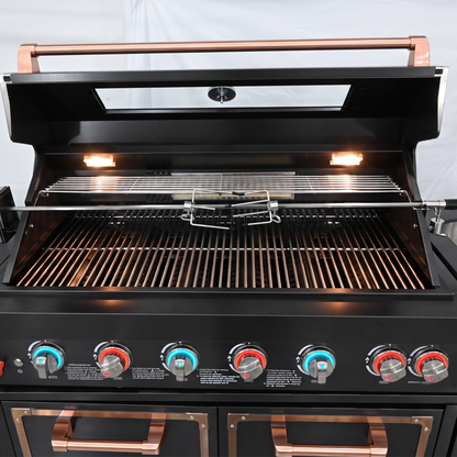 Luxury Black Titanium Outdoor Kitchen Island, 6-Burner 87,900 BTU Gas Grill with Infrared Rear Burner, 70L Refrigerator, Sink, Pull-Out Trash Bin, Rotisserie & Cover, Black/Rose Gold