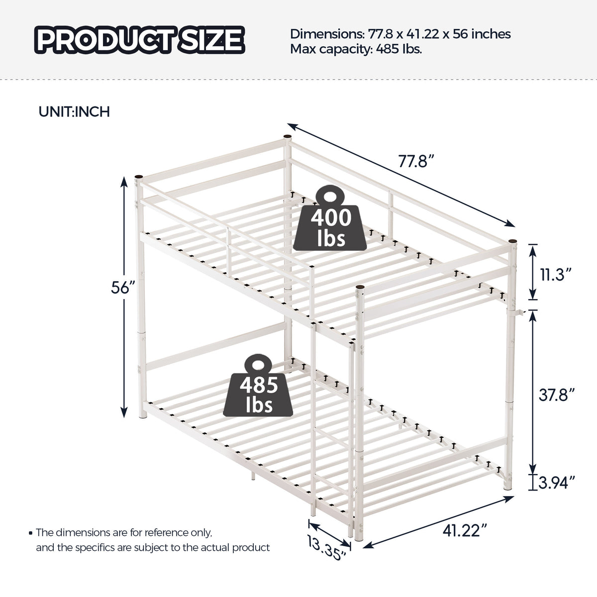 Heavy Duty Metal Twin Over Twin Bunk Bed, Convertible to 2 Separated Twin Beds, Noise-Free Steel Frame with Rubber Anti-Slip Ladder & 11.3' Guardrails, 400/485 LBS Weight Capacity, White