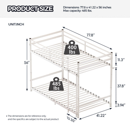 Heavy Duty Metal Twin Over Twin Bunk Bed, Convertible to 2 Separated Twin Beds, Noise-Free Steel Frame with Rubber Anti-Slip Ladder & 11.3' Guardrails, 400/485 LBS Weight Capacity, White