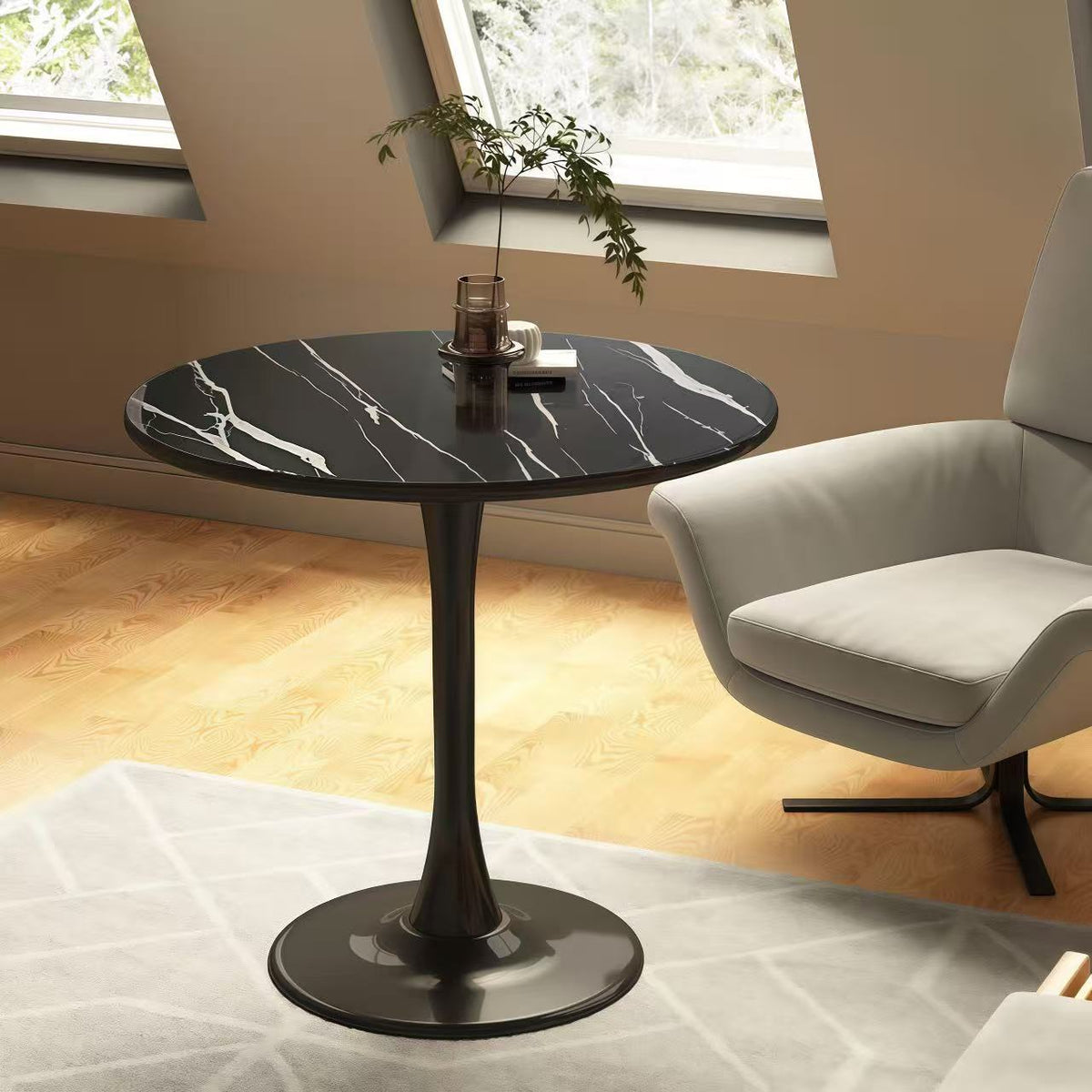 Round Table, Modern Dining Table, MDF Top and Steel Base Tulip Round Kitchen Table, Mid Century Coffee Table for Living Room 24 Inch - Black Marble