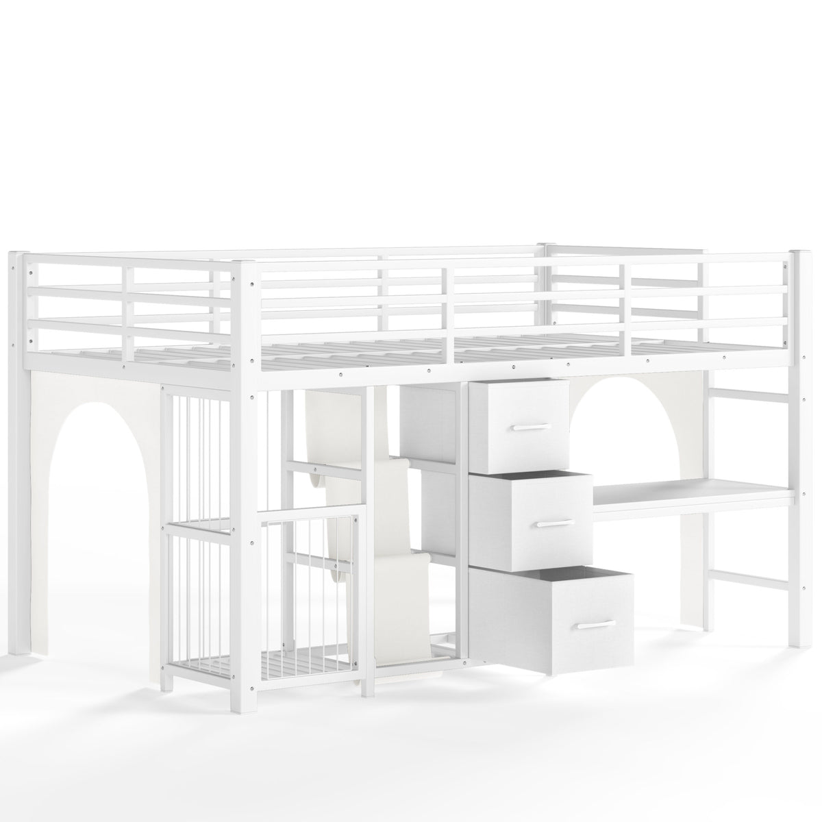 Twin Metal Low Loft Bed for Kids, Low Loft Bed with Storage Drawer, Low Loft Bed with Bookshelf & Built-in Desk, Sturdy Low Loft Bed Frame, Multi-Function Low Loft Bed for Kids.White