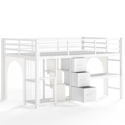 Twin Metal Low Loft Bed for Kids, Low Loft Bed with Storage Drawer, Low Loft Bed with Bookshelf & Built-in Desk, Sturdy Low Loft Bed Frame, Multi-Function Low Loft Bed for Kids.White